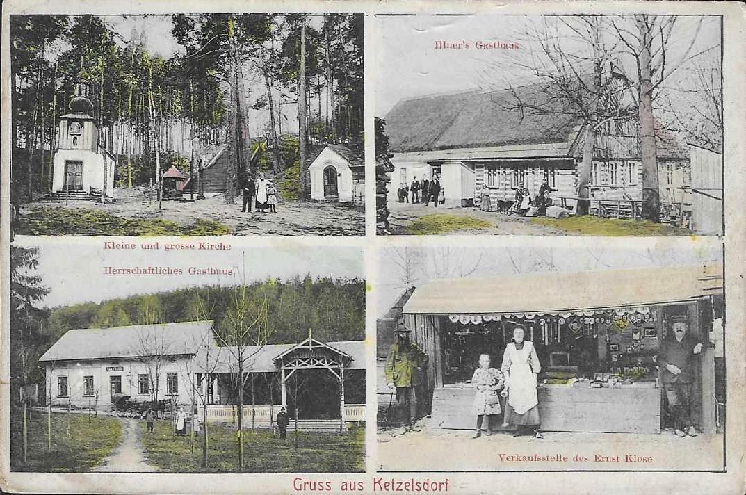  Gemeinde Ketzelsdorf , Wunderbrünnel , Kleine und grosse Kirche , Gasthaus Nr 87 Johann Illner , Herschaftiliches  Gasthaus Nr 188 pachtem Friedrich und Maria Jakl Eigentümer fabrikant Josef Etrich , Herschaft Schurz , Holzschupen -  Herr Ernst Klose Nr 152 im Jahre 1905 . Kocléřov , poutní místo , hostinec čp 87 Johann Illner , Panská hospoda čp 188 pronajmuto Friedrich a Marie Jakl , dřevěná bouda Ernst Klose čp 152  v roce 1905 .